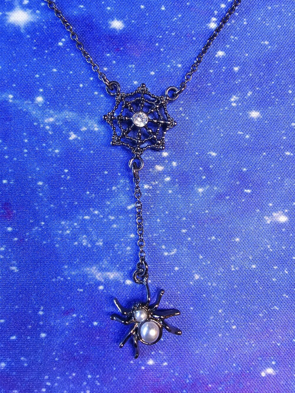 Delicate Black Spider Web & Pearl Drop Necklace